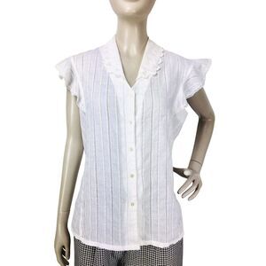 Vintage White Cottagecore Flutter Sleeve Eyelet Trim Embroidered Blouse